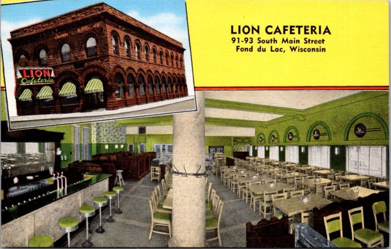 Linen Postcard Lion Cafeteria 91-93 South Main Street in Fond du Lac, Wisconsin