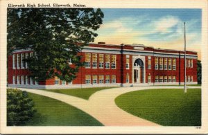 Vtg 1940s Ellsworth High School Ellsworth Maine ME Unused Linen Postcard