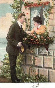Vintage Postcard Lovers Couple Seeing Through The Window Sweet Romance