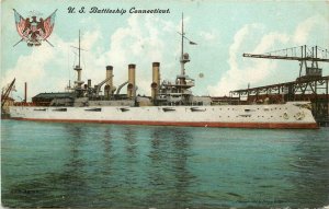 c1908 Postcard US Battleship Connecticut at Dock, Federal Shield & Flags