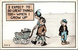 Vtg 1914 I Expect To Do Great Things Too When I Grow Up Comic Cartoon Postcard
