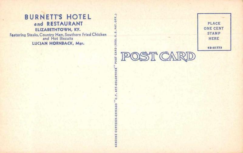 Elizabethtown Kentucky Burnett's Hotel Exterior Vintage Postcard JA4741239