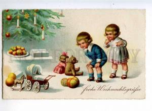 240378 NEW YEAR Kids w/ Toys TEDDY BEAR Doll Vintage postcard