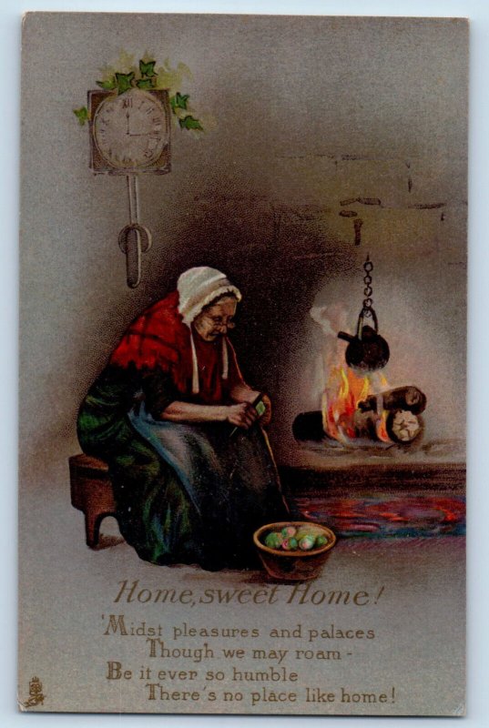 Postcard Home Sweet Home Old Woman Cooking Fire Kettle c1910 Tuck Art Series
