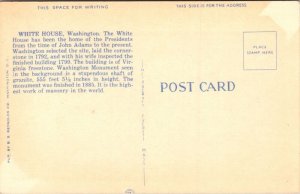 White House & George Washington Monument Washington DC US Capitol Linen Postcard