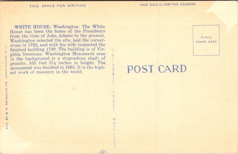 White House & George Washington Monument Washington DC US Capitol Linen Postcard