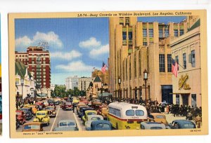 P3200 vintage postcard busy wilshire blvd scene bus old cars flags los angles ca