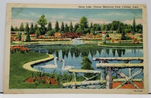 Clinton Iowa Swan Lake Clinton Memorial Park, A Pretty Linen Postcard E8