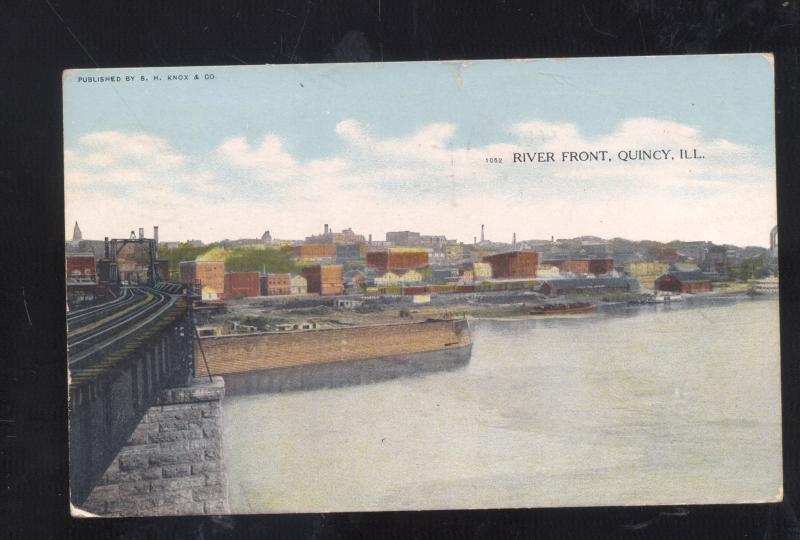 QUINCY ILLINOIS RIVER FRONT VINTAGE BOATS SHIP BRIDGE ILL. OLD POSTCARD