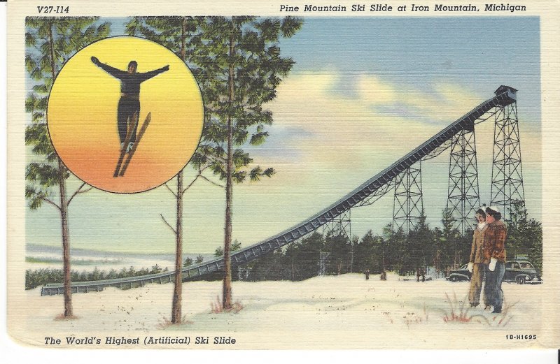 POSTCARD PINE MOUNTAIN SKI SLIDE AT IRON MOUNTAIN MICHIGAN