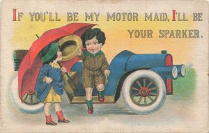 AUTOMOBILE ROMANCE~IF YOU'LL BE MY MOTOR MAID I'LL BE YOUR SPARKER 1916 POSTCARD
