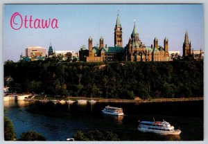 Cruise Boats Below Parliament Hill, Ottawa Ontario Canada, 1989 Chrome Postcard