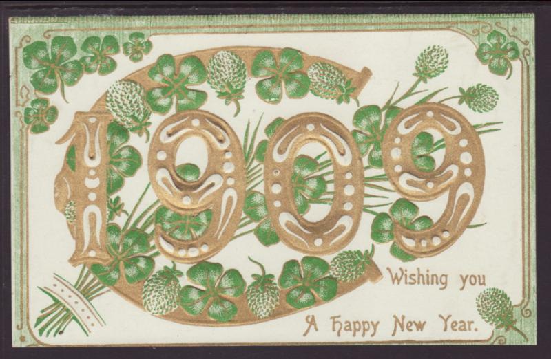 New Year,1909 Year Date,Horseshoe,Four Leaf Clover Postcard