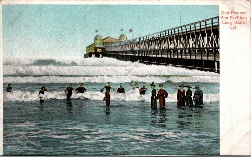 Long Beach CA pier Sun Pavillion men women swimming great bathing suits c1915