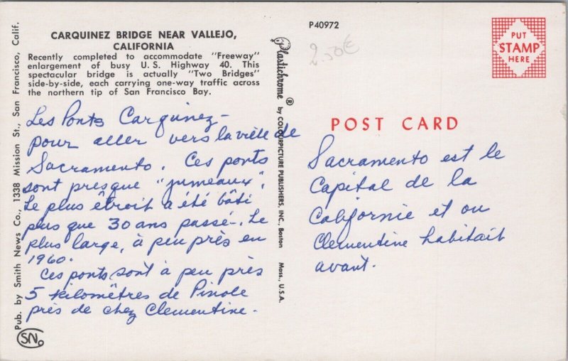 Carquinez Bridge Near Vallejo California Vintage Postcard C162