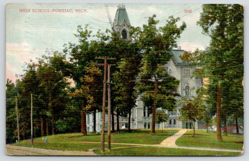 Pontiac Michigan~High School~Lots of Trees in Front~1909 Postcard 