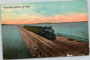 postcard Utah  train crossing Great Salt Lake Cut Off