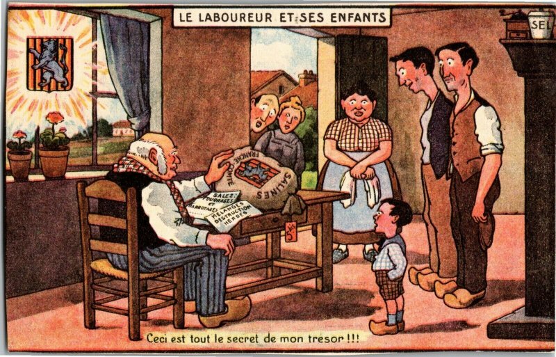 French, The Laborer Plowman and His Children Salt Secret Vintage Postcard A32