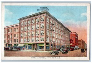 South Bend Indiana IN Postcard Hotel Jefferson Building Exterior c1940's Cars