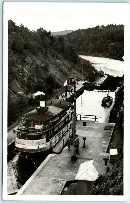 c1940s Sweden Trollhättan Canal RPPC Gota Kanal Real Photo Steamship SS Diana A6