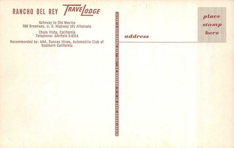 CHULA VISTA, CA California  RANCHO DEL REY TRAVELODGE MOTEL  Roadside  Postcard