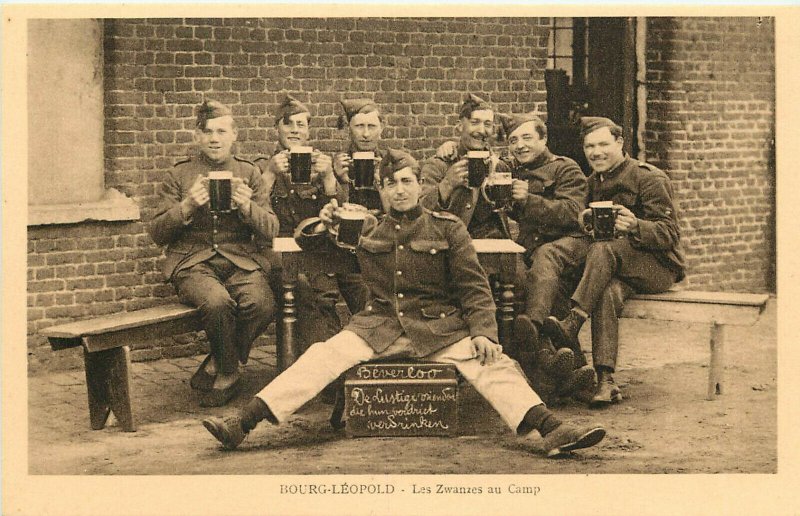 WWI Belgian Propaganda Postcard Camp Bourg-Léopold Beverloo Soldiers Drink Beer