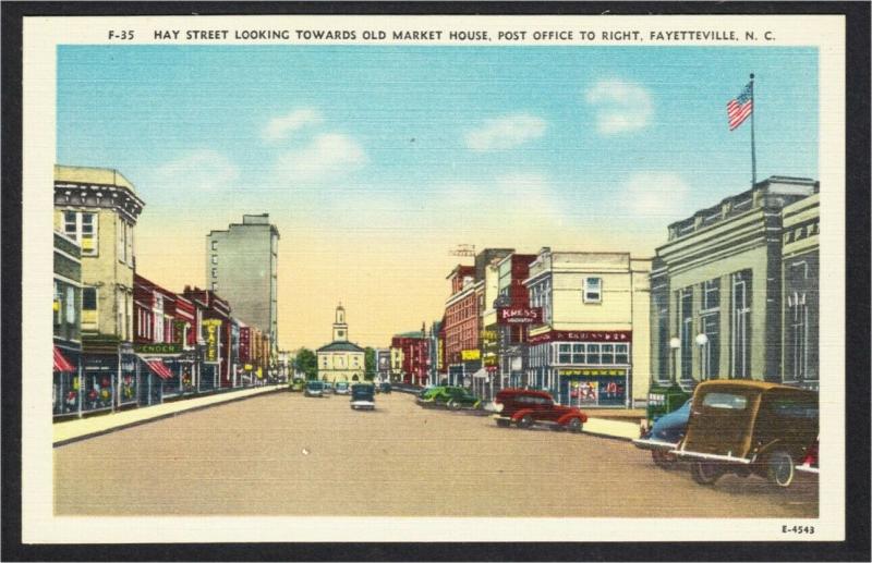 Fayetteville NC Hay Street Stores and Post Office Cars 1940s Linen Postcard 1 United States