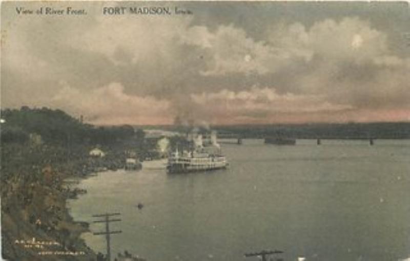 FORT MADISON, IOWA View of River Front HAND COLORED Glazi...