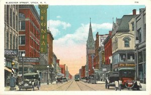 Postcard 1920s New York Utica Bleecker trolley tracks autos Tichnor NY24-1094