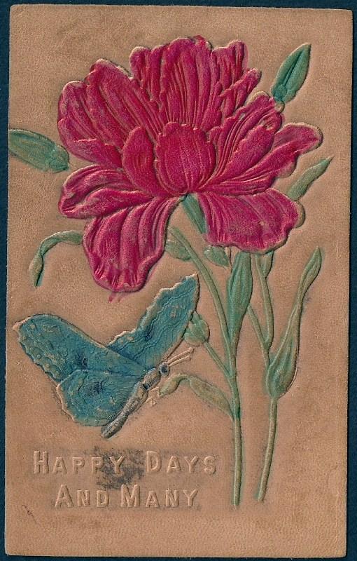 Red Chrysanthemum and Butterfly LEATHER card used c1910's