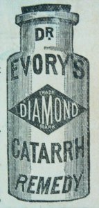 1870s-80s Dr. Evory's Diamond Catarrh Remedy Quack Bottle Victorian Print Ad L14