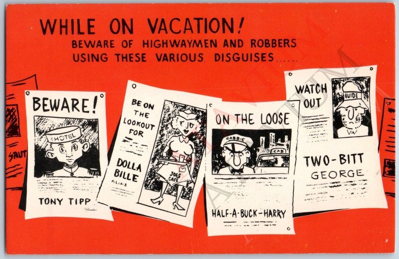 c1960s Comic Tourist BEWARE Signs Tony Tipp Chauffeur, Dolla Bille Waiter + A195