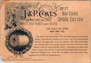 RARE Trade Card J&P COATS SPOOL COTTON - CALL TO ARMS - 1775 - SOLDIERS 