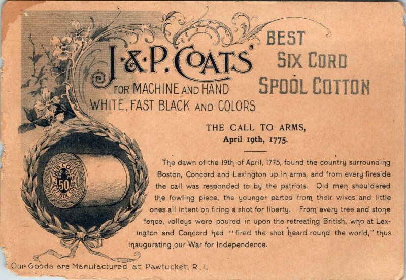 RARE Trade Card J&P COATS SPOOL COTTON - CALL TO ARMS - 1775 - SOLDIERS 