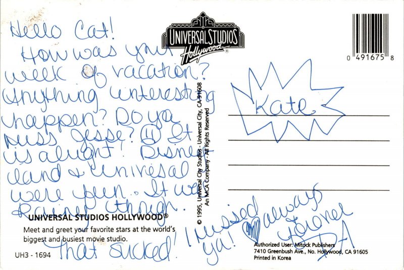 Personal messages, Universal Studios Hollywood, Disneyland vacation, Postcard