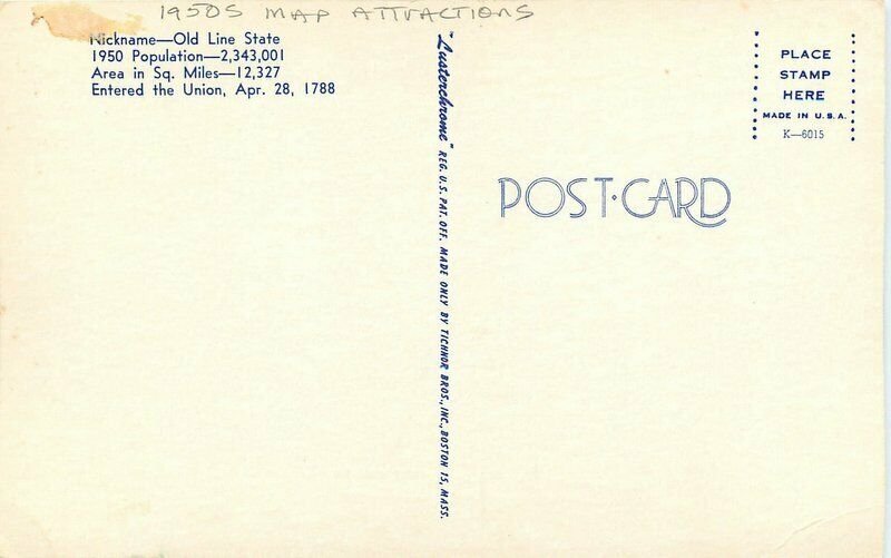 1950s Map Attraction Maryland postcard Tichnor 12675