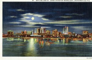 VTG 1930s Skyline & St Johns River by Moonlight Jacksonville Florida FL Postcard