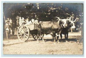 1911 Colonial Pageant Parade Oxen Cart Child Northampton MA RPPC Photo Postcard