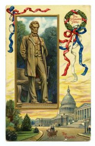1914 ABRAHAM LINCOLN*ST GAUDENS STATUE*CAPITOL*PATRIOTIC*RED WHITE BLUE*EMBOSSED