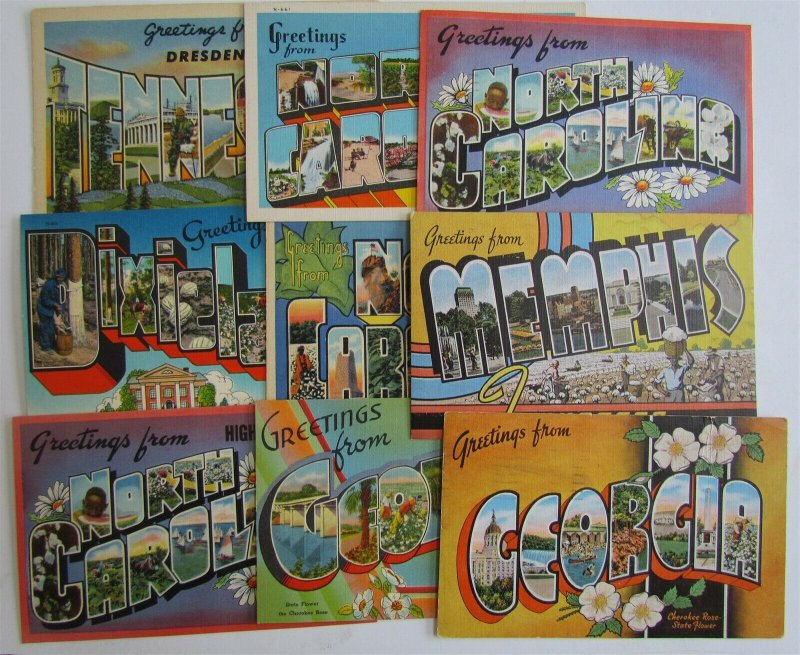 LOT of 37 VINTAGE GREETINGS POSTCARDS TX AL NC SC GA MO MS TN