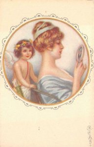 BEAUTIFUL WOMAN & ANGEL LOVE ARTIST SIGNED COLOMBO GLAMOUR POSTCARD (c.1910) !!