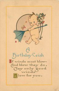 Vintage Postcard Cupie Like Baby With Wind Blown Umbrella Wishes Happy Birthday
