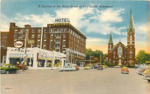 Fort Smith Arkansas Main Street autos Church Esso Hotel Postcard 24-7968