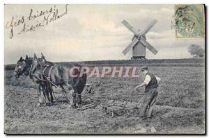 Postcard Old Windmill Horse Plowman