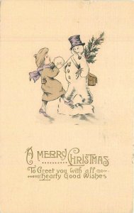 Christmas Snowman girl Artist impression 1915 Postcard 22-9873