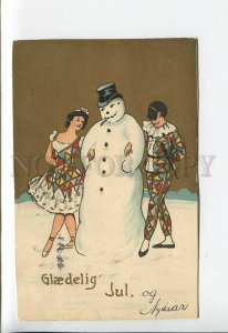 3176977 ART NOUVEAU Snowman HARLEQUIN New Year Vintage PC