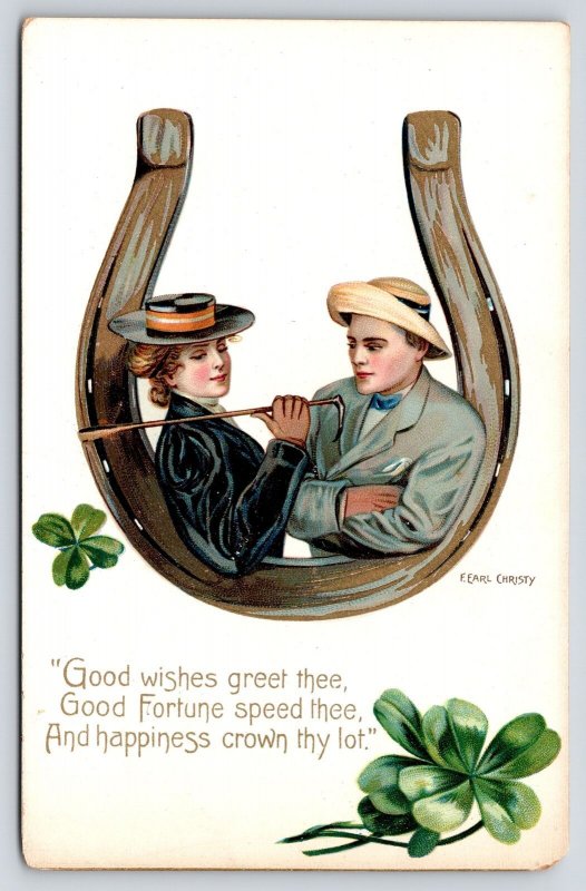 F Earl Christy~Lovely Lady & Gent in Horseshoe~Riding Habit~Shamrocks~TUCK Luck