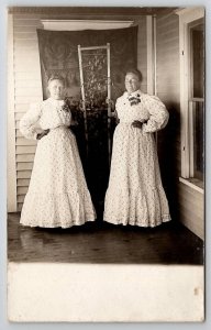 RPPC Two Fabulous Old Women Edwardian Polka Dot Dresses And Plant Postcard R30