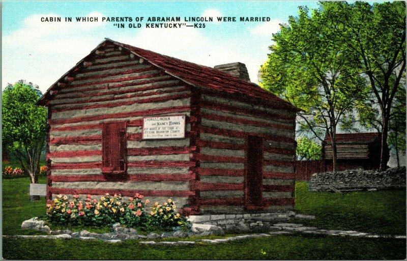 Cabin In Which Parents of Abraham Lincoln Married Old Kentucky Linen Postcard 