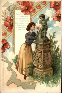 Art Nouveau Woman Talks to Cupid Monument Statue AMOR Poem Postcard